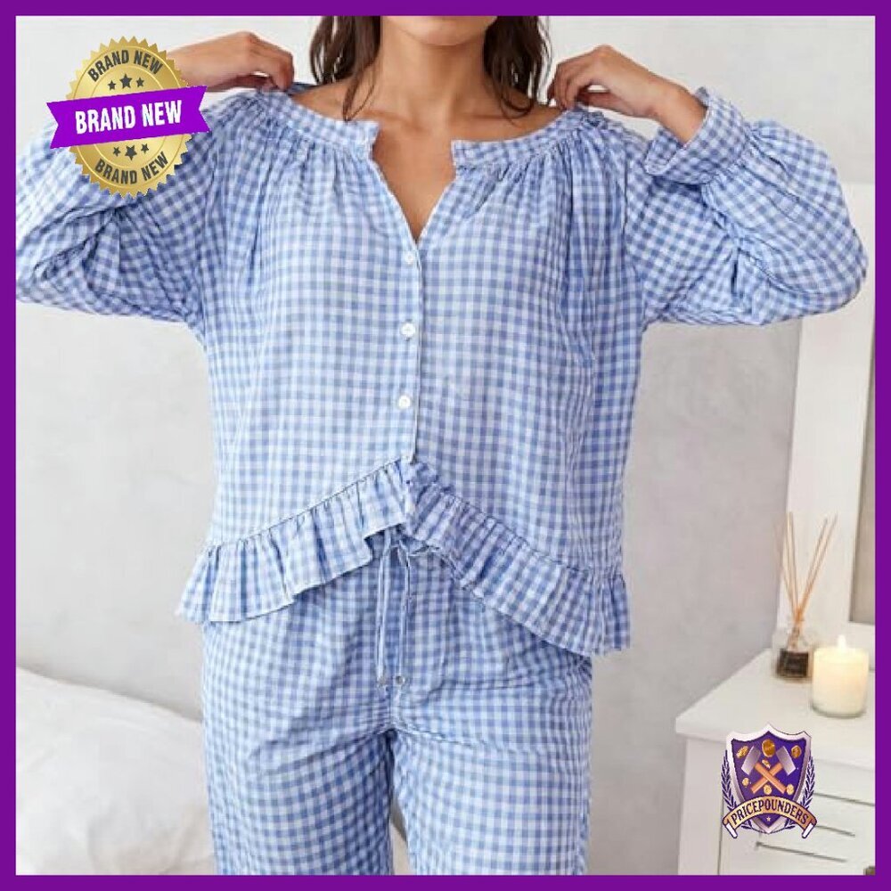 Women's Long Sleeve Cotton Pajama Set 2 Piece Ruffle Pjs Loungewear - Picture 5 of 8